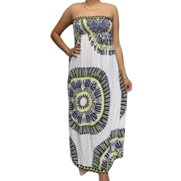 large strapless circular abstract print smocked maxi sun dress D2 2995 - Picture 1 of 10